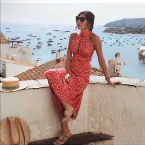 Zara Red Floral Satin Effect Halter Neck Tie Back Midi Dress - Picture 13 of 13